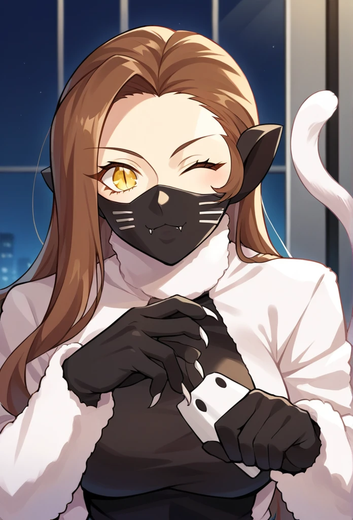 score_9, score_8_up, score_7_up, source_anime BREAK 1girl, solo,
 nekomatasmt, brown hair, long hair, yellow eyes, slit eyes, cat tail, animal ears, claws, face mask, bodysuit, bolero, 
cowboy shot, night club, indoors, dark, dynamic pose, wink