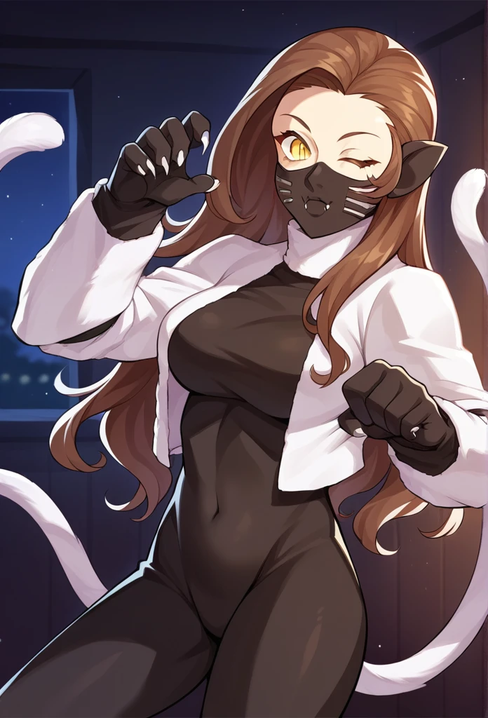 score_9, score_8_up, score_7_up, source_anime BREAK 1girl, solo,
 nekomatasmt, brown hair, long hair, yellow eyes, slit eyes, cat tail, animal ears, claws, face mask, bodysuit, bolero, 
cowboy shot, night club, indoors, dark, dynamic pose, wink