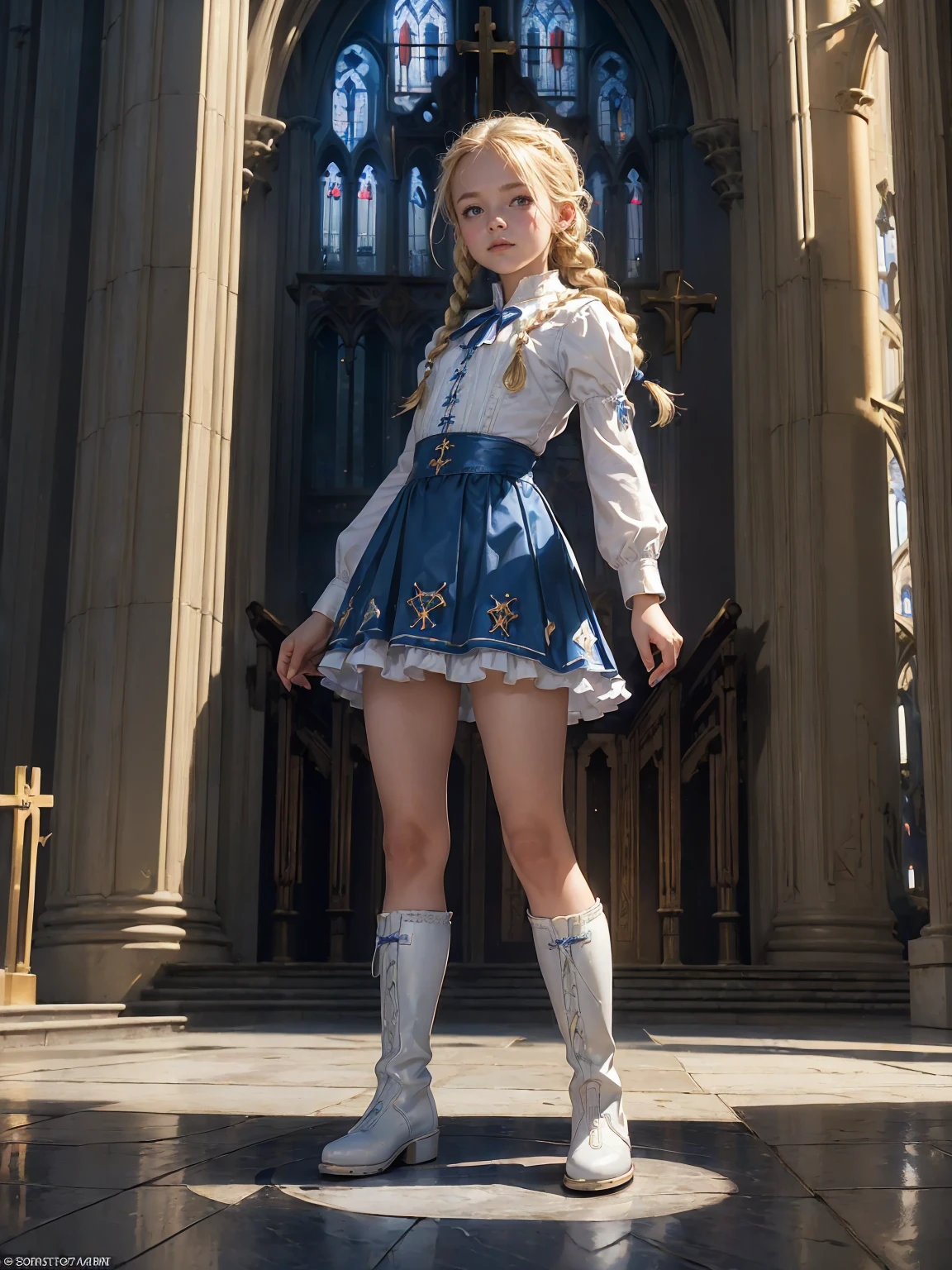(((fantasy, cathedral:1.4))), (((midnight)1.4))), masterpiece, best quality, ultra-detailed, high resolution, extremely detailed cg, 8k, beautiful detailed eyes, depth of field, perfect anatomy, super detailed skin, cinematic lighting, dynamic lighting, anime picture, shiny hair and skin, detailed outfit, 【break】, ((cowboy shot, looking down , standing, stylish poes:1.3)), (((a child age8, soro:1.6))), ((afterglow)), (((blonde hair, Braided hair:1.3))), (beautiful detailed blue eyes), white-skinned, (((child short stature, child body shape, young face, cute face, small breasts, slim:1.4))), , ((Pure white silk, white blouse:1.2)), ((blue mini skirtt:1.4)), ((blue corset, blue mantle:1.2)), ((White knee-high stockings:1.2)), ((white short boots:1.2))
