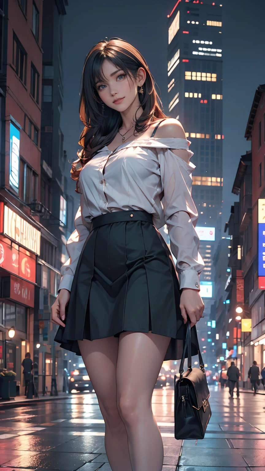 One person, black_skirt, green_hair, building, city, cityscape, hair_between_eye, Jacket, Looking_in_Audience, Moderate_hair, Multicolor_hair, multiple_, night, off_shoulder, Outdoor, pleined_skirt, road, shirt, skirt, Skyscraper, smile, 一人in_concentrated, street, white_shirt