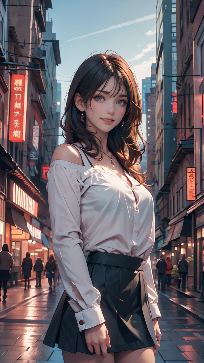 One person, black_skirt, green_hair, building, city, cityscape, hair_between_eye, Jacket, Looking_in_Audience, Moderate_hair, Multicolor_hair, multiple_, night, off_shoulder, Outdoor, pleined_skirt, road, shirt, skirt, Skyscraper, smile, 一人in_concentrated, street, white_shirt