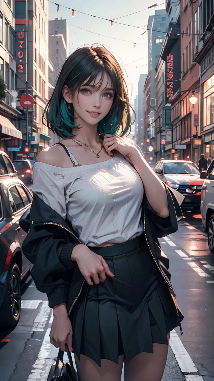 One person, black_skirt, green_hair, building, city, cityscape, hair_between_eye, Jacket, Looking_in_Audience, Moderate_hair, Multicolor_hair, multiple_, night, off_shoulder, Outdoor, pleined_skirt, road, shirt, skirt, Skyscraper, smile, 一人in_concentrated, street, white_shirt
