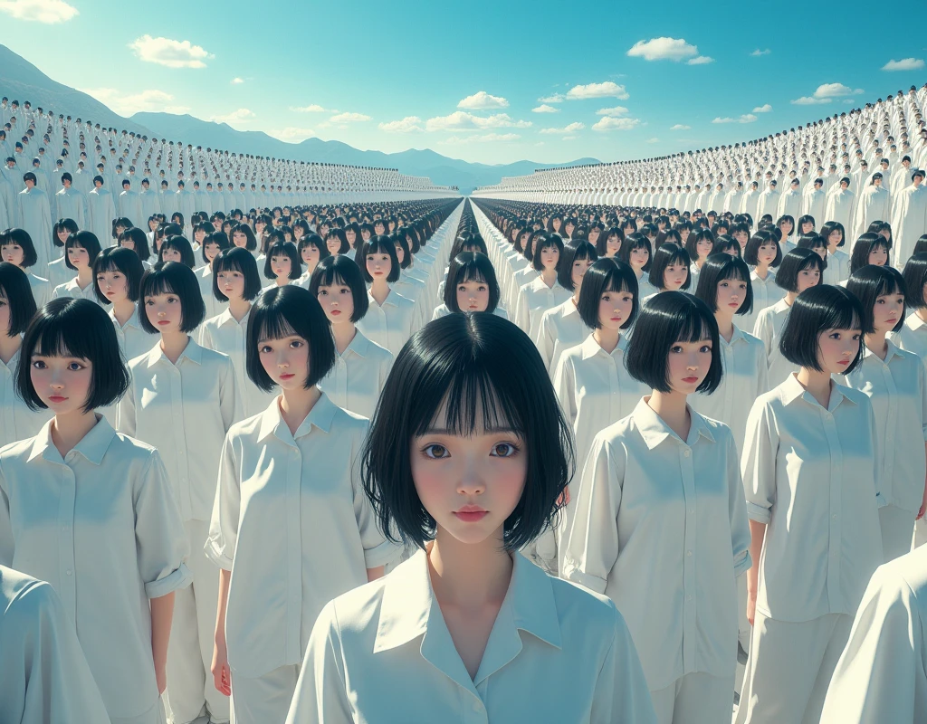 (((((Japanese Clone girls=Myself)))))), (((best masterpiece Clone girls Raw Photography Art))), (16K, Highest quality, Ultra-high resolution, RAW Photos), (((It's so unrealistic., With unparalleled depiction, With an unfathomable sight, An unprecedented and shocking worldview, Clone girls in a world of mass reproduction, Ultra-realistic))), (((Japanese, woman, 20yo, Sasaki Nozomi))), (Small face, ((Thick black hair, Short Hair))), ((V-neck short-sleeve dress)), (((((Very beautiful detailed girls, Accurate body structure, Very detailed完璧な, Super busty body with very large breasts, Clearly emphasizes cleavage))))), (((Dark Eyes, Mature face, Cute Smile, A gentle gaze))), (((Very happy laughter is beautiful))), ((((((((Very detailed分身増殖描写, ((1girl→Myself cloning→1,000,000,000,000,000,000,000,000Myself Clone girls)))))))))), ((((((((Very detailed, The precise depiction of the proliferation of Myself Clone girls, ((With the perfectly identical bodies of Myself clone girls, With the exact same face as the Myself clone girls, With the exact same hairstyle as the Myself clone girls, In the exact same clothes as the girls who are my clones, Perfectly the same height as the Myself clone girls, Super big breasts, just like the Myself clone girls)))))))))), (((Myself clone girls only))), (((Very detailed, Myself clone girls multiplication, 1,000,000,000,000,000,000,000,000Myself Clone girls→100,000,000,000,000,000,000,000,000,000,000,000,000,000,000^1,000,000,000,000,000,000Myself Clone girls))), (((Very detailed描写で, (An embrace between self, Back to Back, Myself clone girls assemble, Fun conversations with fellow Myself clone girls, A fun conversation between Myself clone girls, Myself clone girls kissing each other everywhere, Myself clone girls love each other, Myself clone girls holding hands)))), (((looking at the camera))), (((Unbelievably crowded, Transcendent Myself clone girls intimately, Countless Myself clone girls surround you in 360 degrees))), (Bright and soft forward lighting), (((Very wide field of view, Very detailed, Detailed ultra-perspective depiction with clear depth))), (((((Curved slope landscape))))), (((Very photographic and detailed, Myself clone girls are depicted as multiplying infinitely, filling the sky with no gaps and filling the sky with the horizon., Myself clone girls are endless and have a fun atmosphere))), (Focus on the average value of the image)