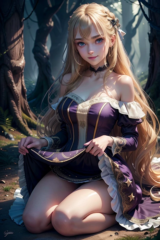 (High quality, High resolution, Fine details),  sparkling eyes, (Detailed eyes:1.2), smile, blush, soft lighting from stars, dramatic shadows, Soft tones, shallow depth of field, (dynamic very seductive posing), (full body shot), (18 yo slender athlete aesthetic girl, 10 out of 10), (long wavy blonde hair and bright eyes), (romantic thin cocktail dress), ((dynamic dress colour, material and design)), (65JJ bust size), 50 mm lens, (very dimmed soft star ambient light), sitting on a ground in the middle of a dark scary forest at night, (excellent seductive makeup), very seductive mood, ((interested in one night stand)), romantic sexy panties, ((she holds the hem of the dress with her hands))