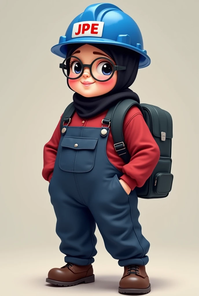 Cute fat girl with spectacles wearing black hijabs. Wearing dark red on top and dark blue on bottom oil and gas coveralls. Black backpack. Wearing blue helmet with JPE logo in re font.