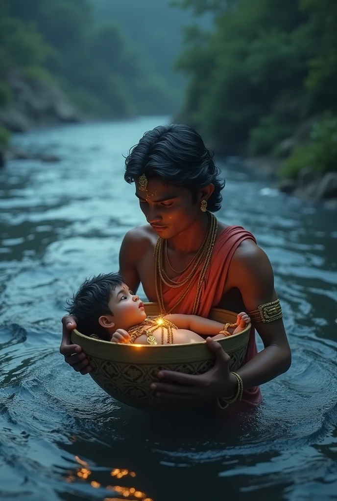 3D cinematic photo Vasudev was taking Krishna across the river Yamuna by keeping him in chaj (soup).