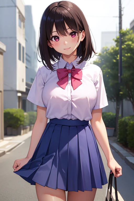 onasaiyuki, 1girl, solo, skirt, shirt, looking at viewer, short sleeves, closed mouth, outdoors, short hair, brown hair, standing, photo background, white shirt, black hair, pleated skirt, bow, bangs, smile, brown eyes, blurry background, blurry, collared shirt, long hair, pink eyes, sky, holding, cowboy shot, blue skirt, bob cut, sketch, purple eyes, blouse, red eyes, bowtie, ribbon, expressionless, light smile, school uniform, medium hair, blush, parted lips