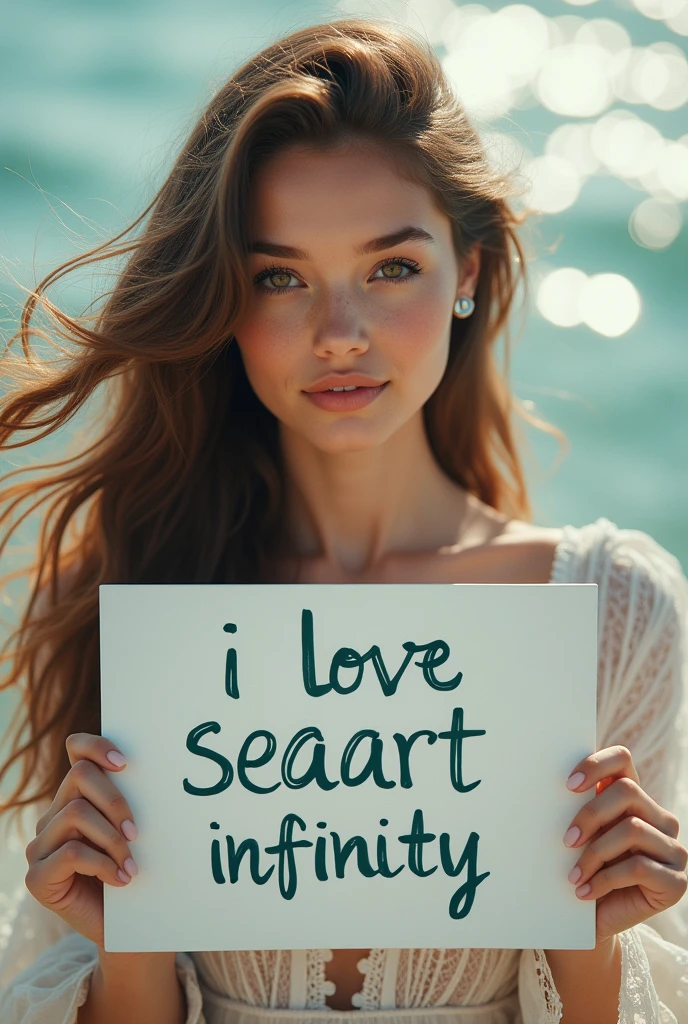 Beautiful girl with wavy long hair, bohemian dress, holding a white board with text "I Love Seaart Infinity" and showing it to the viewer