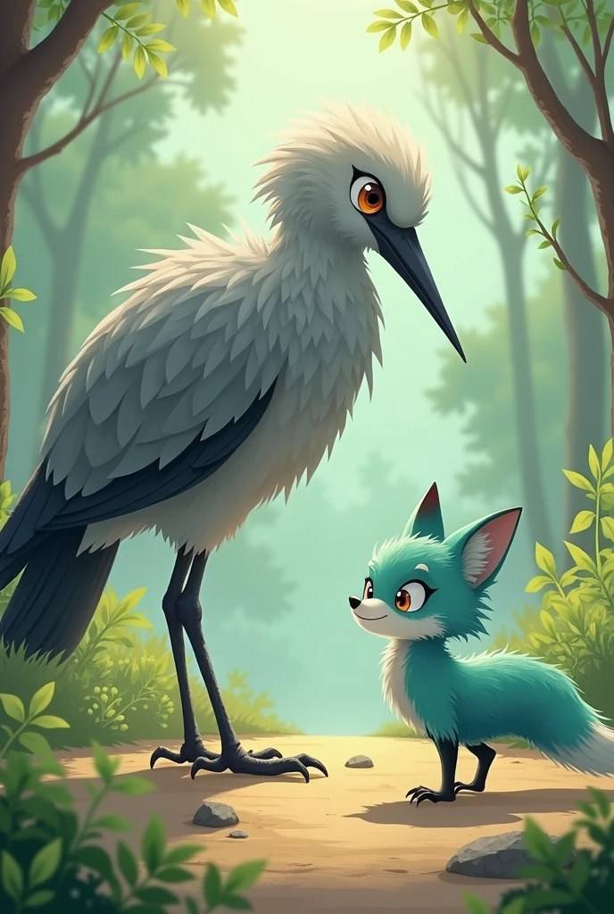 A little Tiffany green fox,About to hunt a giant gray bird,giant bird walking on the ground,In front of the fox,The fox is in a state of overestimating his own abilities,Cute realistic style