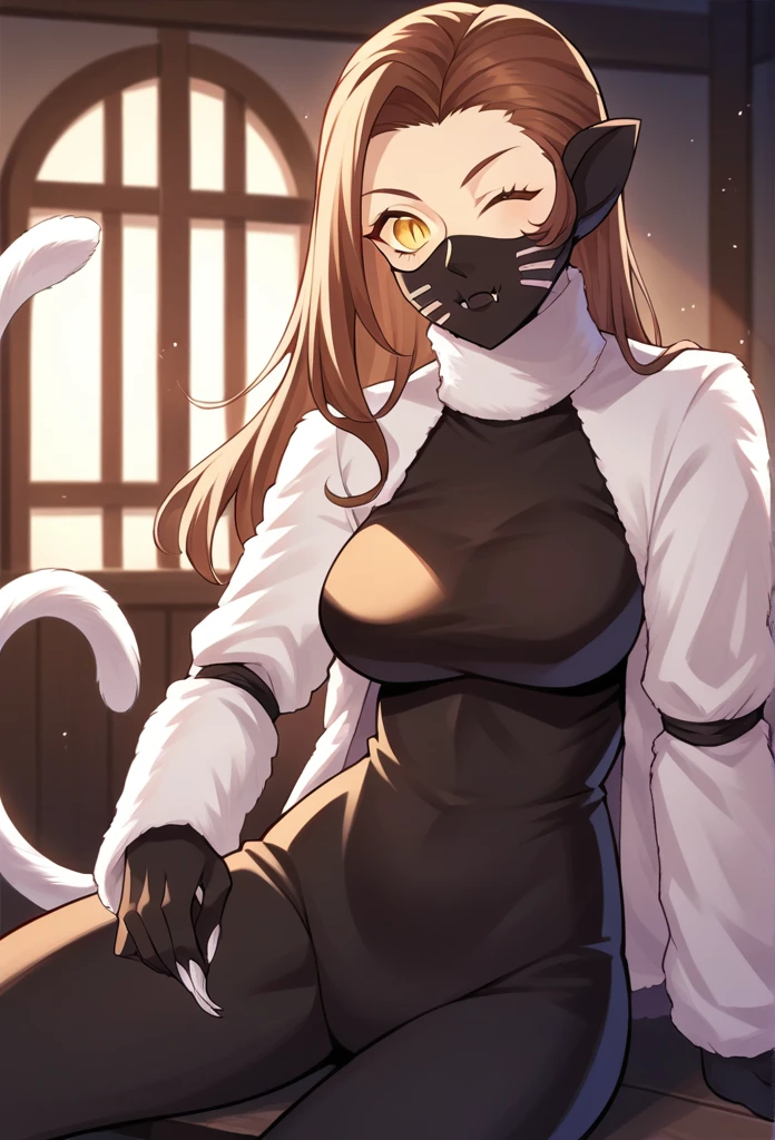 score_9, score_8_up, score_7_up, source_anime BREAK 1girl, solo,
 nekomatasmt, brown hair, long hair, yellow eyes, slit eyes, cat tail, animal ears, claws, face mask, bodysuit, bolero, 
cowboy shot, night club, indoors, dark, sitting, wink