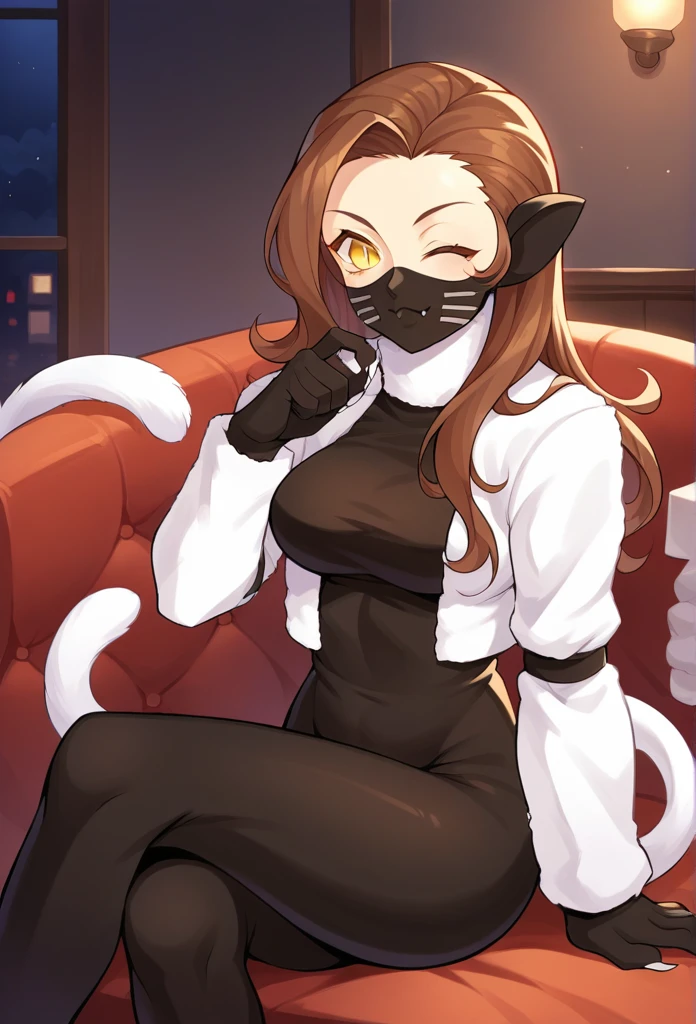 score_9, score_8_up, score_7_up, source_anime BREAK 1girl, solo,
 nekomatasmt, brown hair, long hair, yellow eyes, slit eyes, cat tail, animal ears, claws, face mask, bodysuit, bolero, 
cowboy shot, night club, indoors, dark, sitting, wink