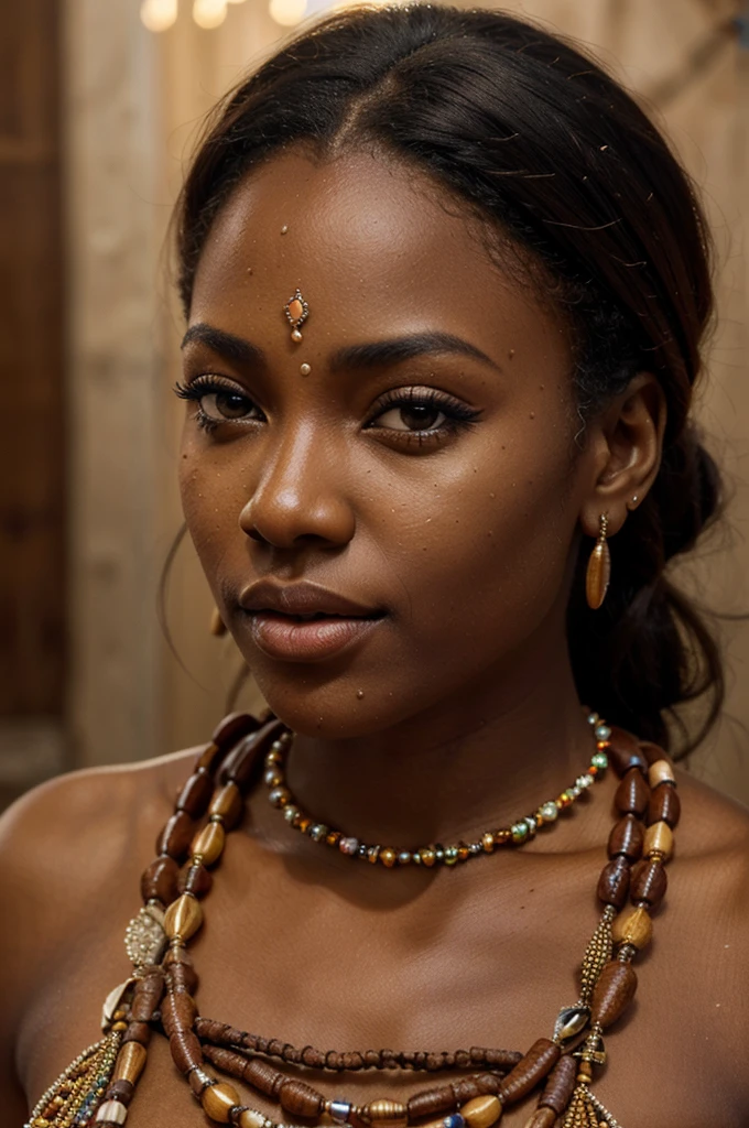 a gorgeous african woman, cinnamon skin, bead skirt, bead necklace, beautiful detailed eyes, beautiful detailed lips, extremely detailed eyes and face, long eyelashes, intricate beaded accessories, warm lighting, highly detailed, 8k, photorealistic, masterpiece, cinematic lighting, vibrant colors, organic textures, hyper realistic