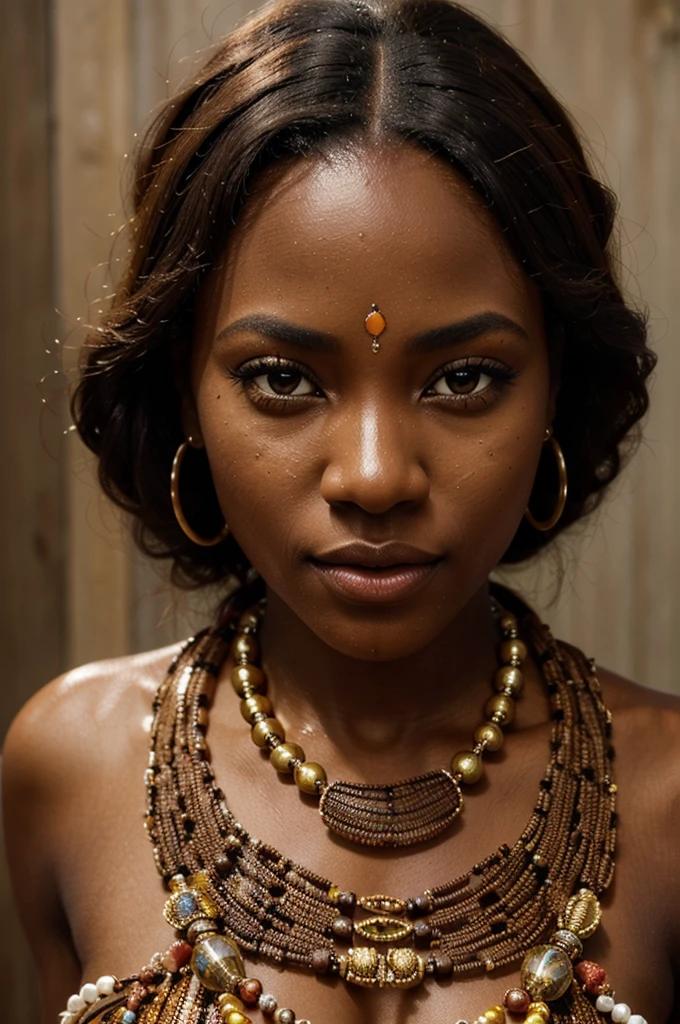 a gorgeous african woman, cinnamon skin, bead skirt, bead necklace, beautiful detailed eyes, beautiful detailed lips, extremely detailed eyes and face, long eyelashes, intricate beaded accessories, warm lighting, highly detailed, 8k, photorealistic, masterpiece, cinematic lighting, vibrant colors, organic textures, hyper realistic