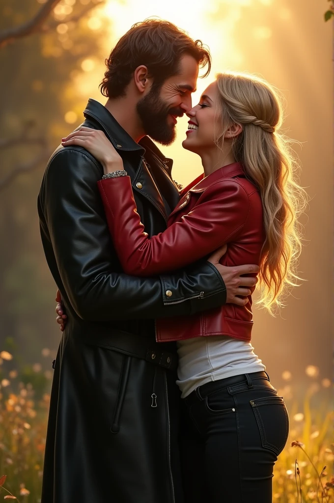 Colin O'Donoghue as Killian Jones and Jennifer Morrisson as Emma Swan hug. She wears black trousers, a white tshirt and a red leather jacket and he wears his typical pirate coat. They are laughing and have fun. The sun shines and there is a small breeze in the air. Draw it fullbody, hyperrealistic with a slight touch of magic.