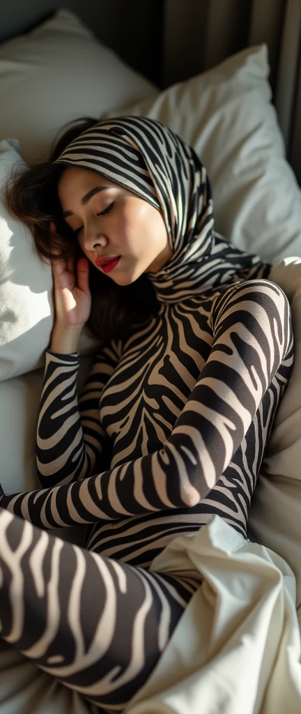 The beautiful,thin and clever asian muslimah adult girl with beautiful cheeks wears mountain zebra print lycra turtleneck unitard catsuit covered with stripes and mountain zebra print lycra elastane stretchy dancewear shawl hijab covered with stripes.She is sleeping on the bed.She always put fake zebra print stripes that are made of animal makeup marker kit.