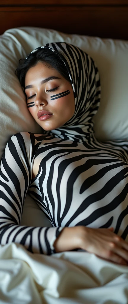 The beautiful,thin and clever asian muslimah adult girl with beautiful cheeks wears mountain zebra print lycra turtleneck unitard catsuit covered with stripes and mountain zebra print lycra elastane stretchy dancewear shawl hijab covered with stripes.She is sleeping on the bed.She always put fake zebra print stripes that are made of animal makeup marker kit.