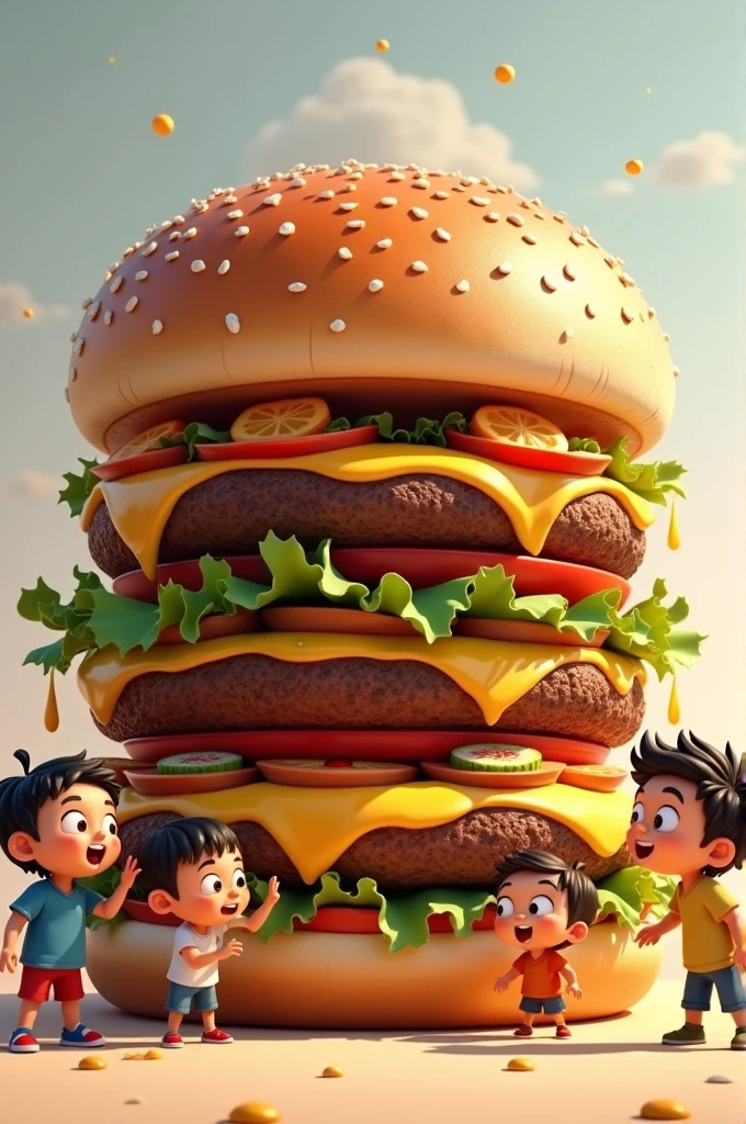An ultra juicy burger with 4 children in front of it