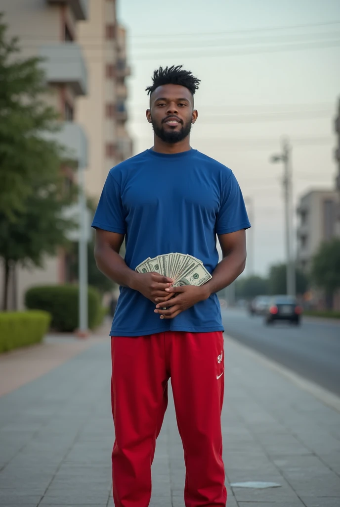 there is a man posing for a picture, around 1 , 2 , 2 , 1, 2, taken in the early 2020s, 2 , 2 , 2 , 2 , cool, holding money, blue tshirt, red long pants, showing his back