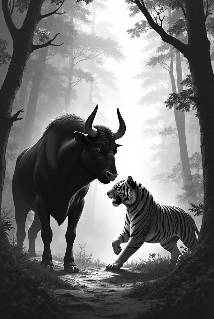 bull and tiger in the forest,stippling white and black art style
