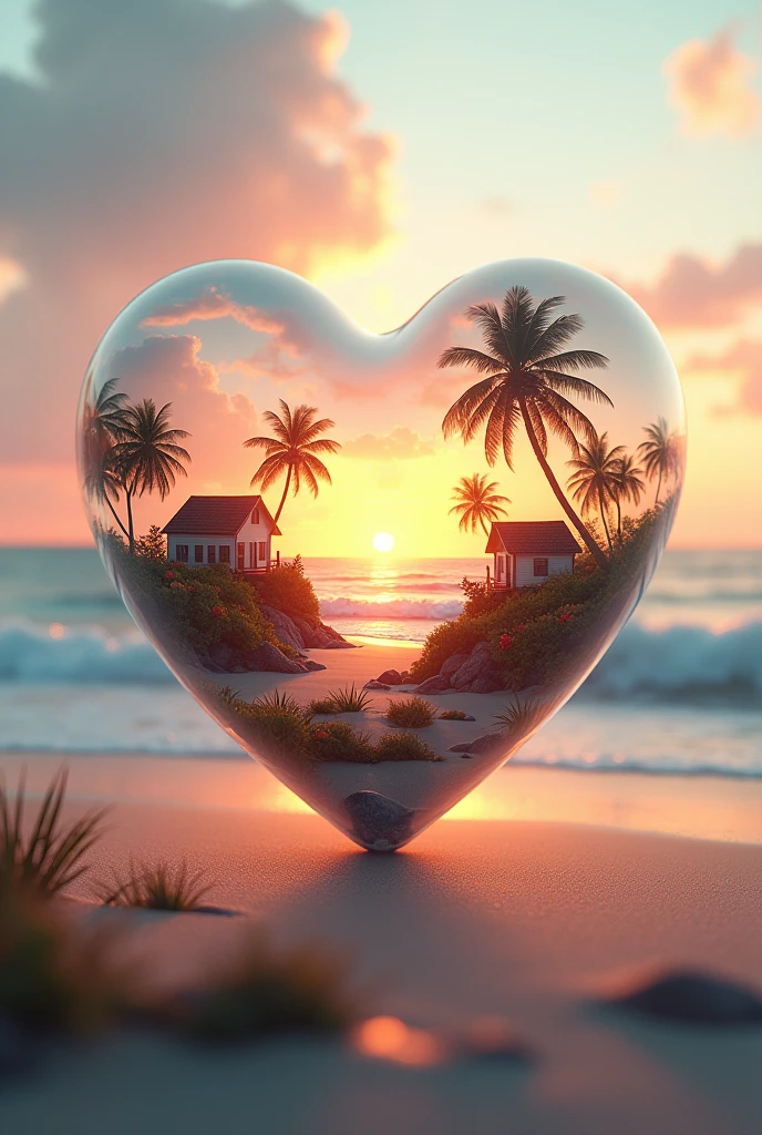 Double exposure of glass heart, Immerse yourself in a soft and romantic atmosphere. Using Double Exposure Technology、Create something vivid, Dynamic Image. Inside the Glass Heart, There are picturesque summer bungalows in front of the beach where the waves sink in the vibrant summer sunset、Visualize beautiful summer landscapes, All made using tilt-shift technology, 3D effects and sharp contrast. Around the Glass Heart, The atmosphere should resonate with love and romance, Soft pastel tones and warm lighting、It creates an enchanting and welcoming environment. Make sure the charming cottage in the fall landscape and glass center has a vibrant and detailed look, It forms a peaceful and romantic environment that harmonizes with the calm and romantic environment.
Necessary for this effect: alchemy, Prompt Magic V3, Photoreal or Dream Shaper V7