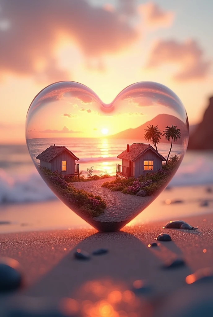 Double exposure of glass heart, Immerse yourself in a soft and romantic atmosphere. Using Double Exposure Technology、Create something vivid, Dynamic Image. Inside the Glass Heart, There are picturesque summer bungalows in front of the beach where the waves sink in the vibrant summer sunset、Visualize beautiful summer landscapes, All made using tilt-shift technology, 3D effects and sharp contrast. Around the Glass Heart, The atmosphere should resonate with love and romance, Soft pastel tones and warm lighting、It creates an enchanting and welcoming environment. Make sure the charming cottage in the fall landscape and glass center has a vibrant and detailed look, It forms a peaceful and romantic environment that harmonizes with the calm and romantic environment.
Necessary for this effect: alchemy, Prompt Magic V3, Photoreal or Dream Shaper V7