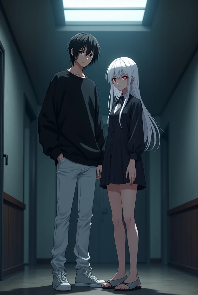 The image is anime style with shadows and dim lights, anime style although somewhat adult and dark, It shows a single adult man of 2 who has black eyes and medium-long black hair as well., who wears an oversized black sweater and white pants with white sneakers. He is holding the hand of a 2 adult albino woman who has red eyes, His feet are bare, She has very beautiful feet and strong legs., Her hair is white and very long and she wears a short dress that reaches her knees.. both, both man and woman, They are shown with a determined and serious expression in the middle of a room partially lit by a skylight., looking at the front of the image.