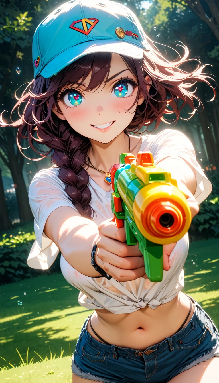 (masterpiece, very aesthetic:1.4), best quality, incredibly absurdres, Accurate, intricate, 8K, stunning, stylized,
ultra-detailed, (incredibly detailed:1.2), fine texture,
cinematic, recent, (vibrant:1.2), (clear pictures, clean lines, crisp edges), illustration, (soft lighting:1.2),
cowboy shot,
BREAK
1 beautiful girl, 18yo, small face, beautiful detailed face, narrow waist, The beauty and danger of growing from a girl to an adult, A symbol of miraculous beauty, Graceful posture, sensual, bewitching woman, (medium breasts:0.8),
(burgundy hair, a long single braid hair:1.4), asymmetrical bangs, smooth hair,
BREAK
(aqua blue eyes), black oblong pupils, (slant eyes, glass-like sparkling eyes are blurry and dreamy, beautiful detailed eyes, growing eyes, long delicate eyelashes, Meticulous Eyelash Details),
BREAK
(black lace bra:0.8),
(see-through wet:0.2) white t-shirt,
(denim shorts over black thong:1.2),
baseball cap,
(a tiny heart-shaped golden colored ring pendant:1.4),
BREAK
sunny afternoon,
in a vast, lush green park, wide open lawns,
a water gun shoots out water at the moment,
(aiming the water gun at the viewer:1.4), other hand is down,
BREAK
gorgeous lips, natural pink lips, beautiful detailed lips, Glossy,
(grin:1.2), perfect eyes,
