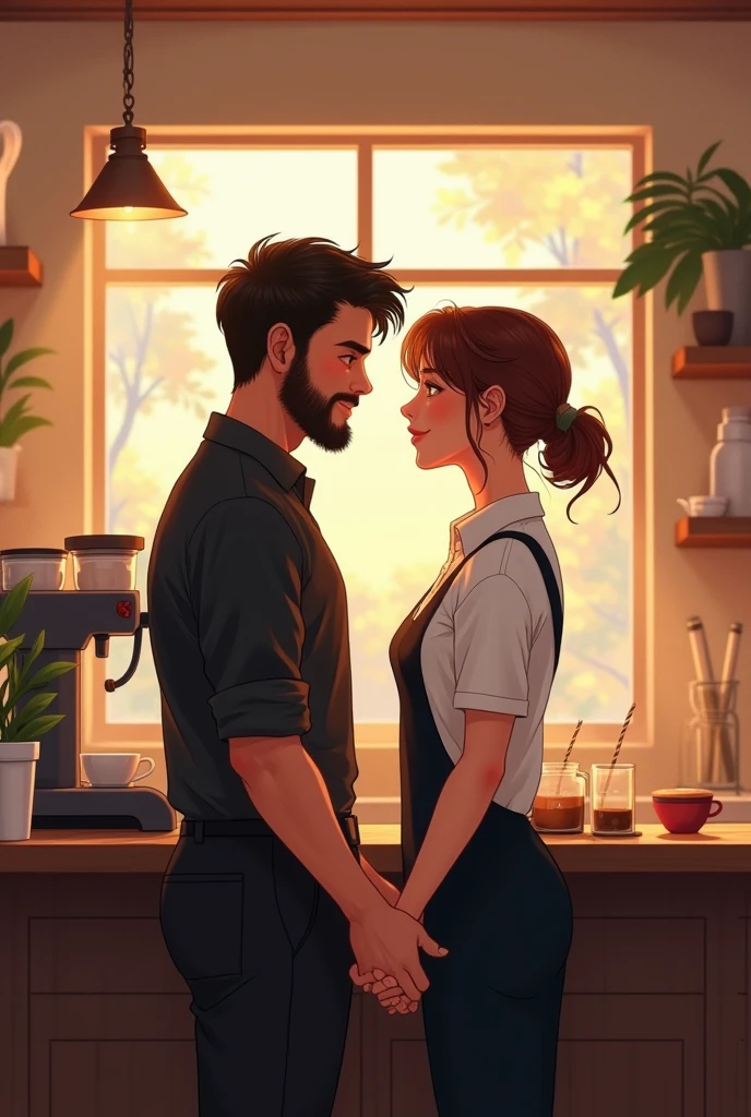 Make a image. In a work at cafe a barista boy wearing black shirt pant a little bit healthy boy with beard and a steward captain girl wearing a white shirt and black pant fall in Love which each other in doing job both are little more faty