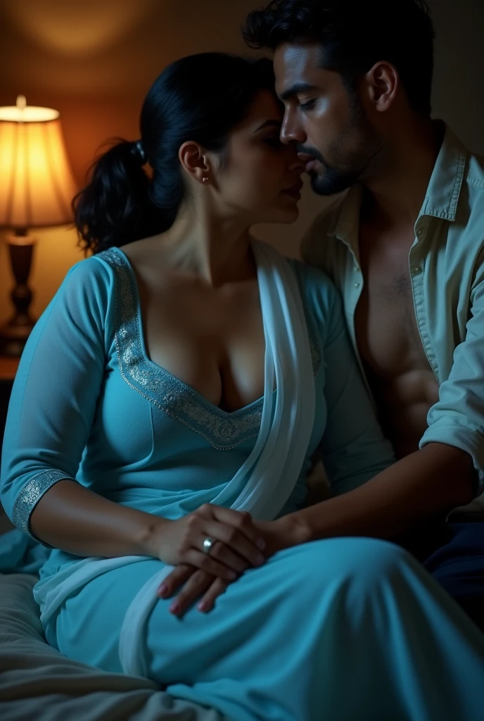 photo of Voluptuous Mature Indian Aunty with dusky skin, wearing tight Sky blue Kurti and White stole around her throat, showing her large U cut Cleavage, Hair Tied behind,Sitting on bed turning her head and Kissing a Slim Young boy, Dim Night light in the room.