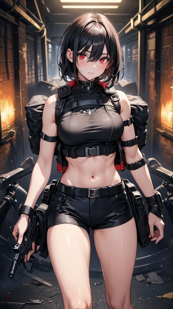 4K resolution,((Highest quality)),Ultra-high resolution,Adult women, alone, sexy, (Grim face), (Light red eyes), Beautiful and symmetrical face, (Medium black hair),Combat Vest,cargo pants,Realistic:1.4,Realistic:1.4,(masterpiece:1.2),Perfect Eyes,Perfect Eyes,Ample breasts,Muscular and toned body,Perfect Legs,Abandoned warehouse,Holding a gun