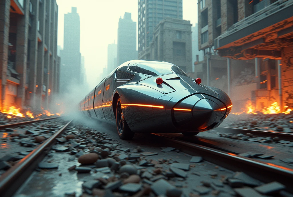 Train in a futuristic, post-apocalyptic city, ultra-detailed 4k CGI masterpiece, 1.2 aspect ratio, highly detailed ruins, shattered glass, and decaying buildings, cinematic lighting with chiaroscuro and ray tracing, highly atmospheric scene with vibrant colors, dynamic shadows, and reflections, futuristic technology with sleek lines and powerful engines, sense of danger and speed through motion blur and dynamic perspective, inspired by the works of Beeple, Mike Winkelmann, and Vitaly Bulgarov, hyper-realistic textures, volumetric lighting, particle effects for debris and smoke, advanced material shaders for metallic and glass surfaces, complex 3D modeling with intricate details, high-contrast color grading, depth of field effects, lens flares, and chromatic aberration for cinematic feel, photorealistic rendering with global illumination and ambient occlusion, post-processing effects like bloom and color correction.