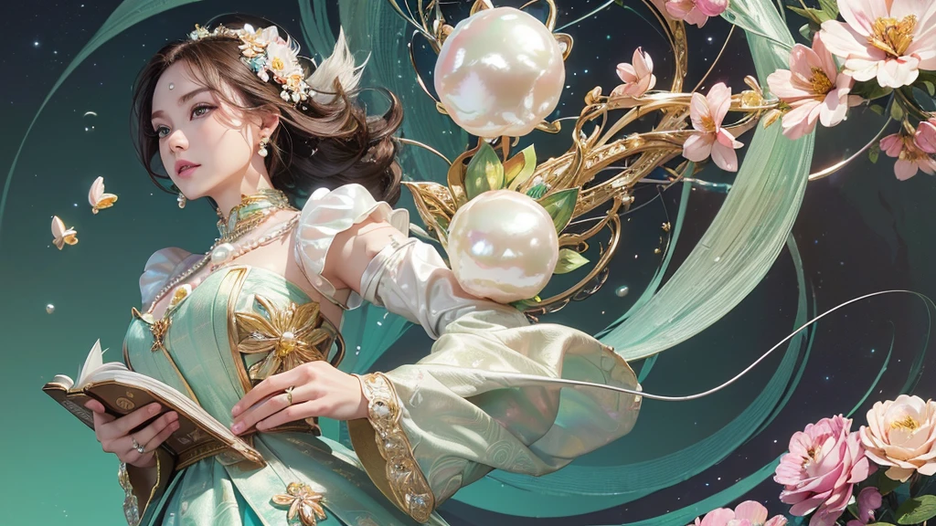 32K, 最高quality, 最高masterpiece, (ultra-Detailed Background, Detailed Background), High resolution, Super detailed, Very detailedな, 1 personの, (bouquet:1.3), (Tangled:1.2), (Geometric:1.2),(colorful),(masterpiece, quality, best quality, Official Art, Beautiful and beautiful:1.2), (1 person:1.3), Very detailed,(colorful:1.1)(Flowers:1.3),Most detailed,(Tangled:1.2), whole body, (Abstract background:1.3), (Skin glows), (Many colors:1.4), ,(Earrings Pearl:1.5), Light green background, It's imaginative., Brunette Hair, Updo, Holding a book, Holding a pen, Satin shirt,