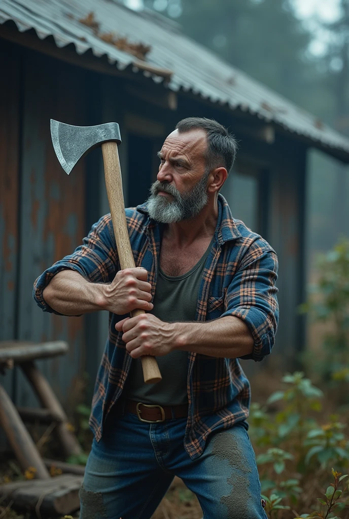(masterpiece) Highest quality, Very detailed, Ultra-realistic, 40-year-old male, Sharp Eyes, Average person, strong, short beard and gray hair,, Lumberjack shirt and sloppy jeans, (Wielding an ax: 1.3) , Cold bluish tones, In the background is a simple house、Sometimes you can see plants, Dynamic Angle, High-resolution display, Realistic lighting and shadows, Breathtakingly beautiful.