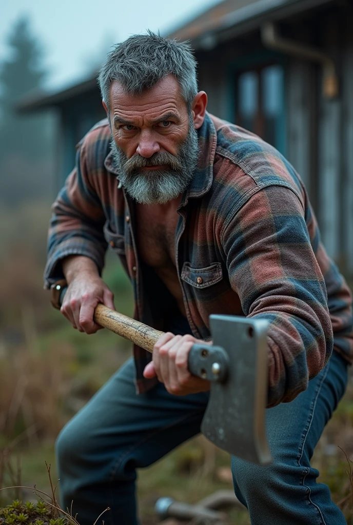 (masterpiece) Highest quality, Very detailed, Ultra-realistic, 40-year-old male, Sharp Eyes, Average person, strong, short beard and gray hair,, Lumberjack shirt and sloppy jeans, (Wielding an ax: 1.3) , Cold bluish tones, In the background is a simple house、Sometimes you can see plants, Dynamic Angle, High-resolution display, Realistic lighting and shadows, Breathtakingly beautiful.
