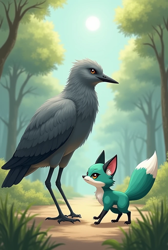 A little Tiffany green fox,About to hunt a giant gray bird,giant bird walking on the ground,In front of the fox,The fox is in a state of overestimating his own abilities,Cute realistic style