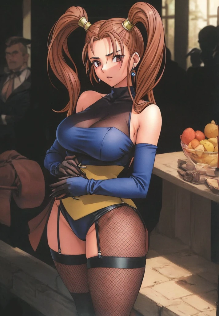 Jessica, with her large breasts, beautiful legs, shoulder-length twin tails, showing her arms and shoulders, and a mature face, is standing in a black high-cut bunny suit and fishnet stockings with her hands on her hips.。Jessica is surrounded by bandit men.。forest。