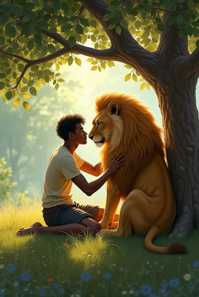 Scene 4:
"Kofi and Leo sitting together under a shady tree, Kofi stroking Leo's mane, with a look of enchantme