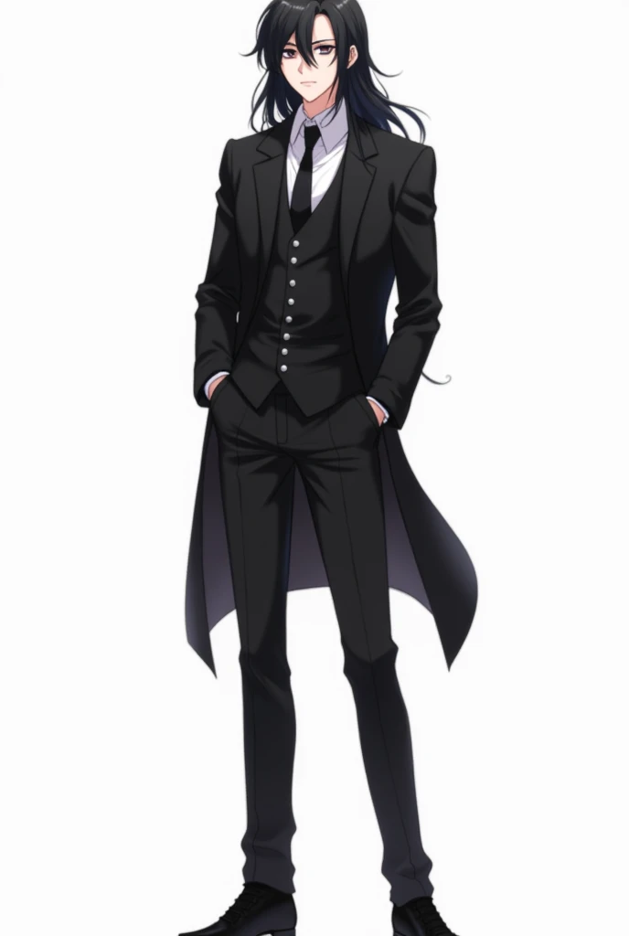 Ideal male anime with black eyes and long back hair and black blazer and shoes and white background with Full body photo 
