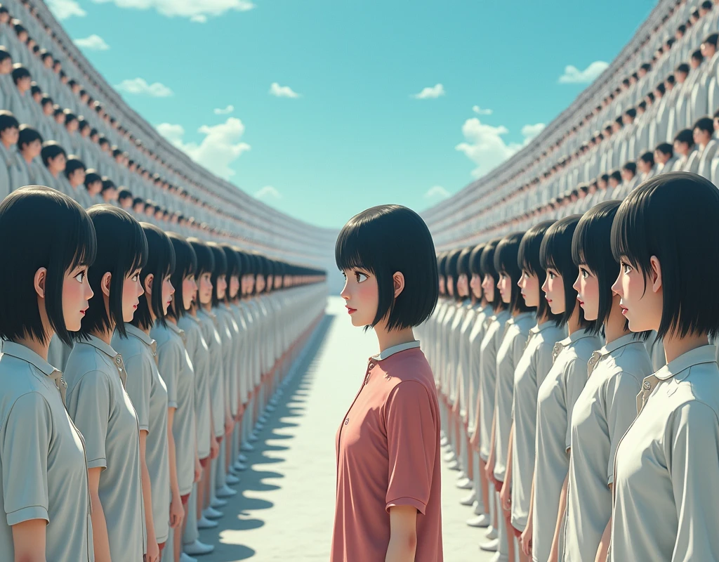 (((((Japanese Clone girls=Myself)))))), (((best masterpiece Clone girls Raw Photography Art))), (16K, Highest quality, Ultra-high resolution, RAW Photos), (((It&#39;s so unrealistic., With unparalleled depiction, With an unfathomable sight, An unprecedented and shocking worldview, Clone girls in a world of mass reproduction, Ultra-realistic))), (((Japanese, woman, 20yo, Sasaki Nozomi))), (Small face, ((Thick black hair, Short Hair))), ((V-neck short-sleeve dress)), (((((Very beautiful detailed girls, Accurate body structure, Very detailed完璧な, Super busty body with very large breasts, Clearly emphasizes cleavage))))), (((Dark Eyes, Mature face, Cute Smile, A gentle gaze))), (((Very happy laughter is beautiful))), ((((((((Very detailed分身増殖描写, ((1girl→Myself cloning→1,000,000,000,000,000,000,000,000Myself Clone girls)))))))))), ((((((((Very detailed, The precise depiction of the proliferation of Myself Clone girls, ((With the perfectly identical bodies of Myself clone girls, With the exact same face as the Myself clone girls, With the exact same hairstyle as the Myself clone girls, In the exact same clothes as the girls who are my clones, Perfectly the same height as the Myself clone girls, Super big breasts, just like the Myself clone girls)))))))))), (((Myself clone girls only))), (((Very detailed, Myself clone girls multiplication, 1,000,000,000,000,000,000,000,000Myself Clone girls→100,000,000,000,000,000,000,000,000,000,000,000,000,000,000^1,000,000,000,000,000,000Myself Clone girls))), (((Very detailed描写で, (An embrace between self, Back to Back, Myself clone girls assemble, Fun conversations with fellow Myself clone girls, A fun conversation between Myself clone girls, Myself clone girls kissing each other everywhere, Myself clone girls love each other, Myself clone girls holding hands)))), (((looking at the camera))), (((Unbelievably crowded, Transcendent Myself clone girls intimately, Countless Myself clone girls surround you in 360 degrees))), (Bright and soft forward lighting), (((Very wide field of view, Very detailed, Detailed ultra-perspective depiction with clear depth))), (((((Curved slope landscape))))), (((Very photographic and detailed, Myself clone girls are depicted as multiplying infinitely, filling the sky with no gaps and filling the sky with the horizon., Myself clone girls are endless and have a fun atmosphere))), (Focus on the average value of the image)