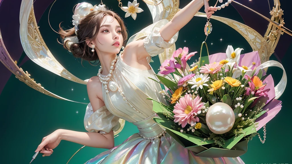 32K, 最高quality, 最高masterpiece, (ultra-Detailed Background, Detailed Background), High resolution, Super detailed, Very detailedな, 1 personの, (bouquet:1.3), (Tangled:1.2), (Geometric:1.2),(colorful),(masterpiece, quality, best quality, Official Art, Beautiful and beautiful:1.2), (1 person:1.3), Very detailed,(colorful:1.1)(Flowers:1.3),Most detailed,(Tangled:1.2), whole body, (Abstract background:1.3), (Skin glows), (Many colors:1.4), ,(Earrings Pearl:1.5), Light green background, It's imaginative., Brunette Hair, Updo, Holding a book, Holding a pen, Satin shirt,