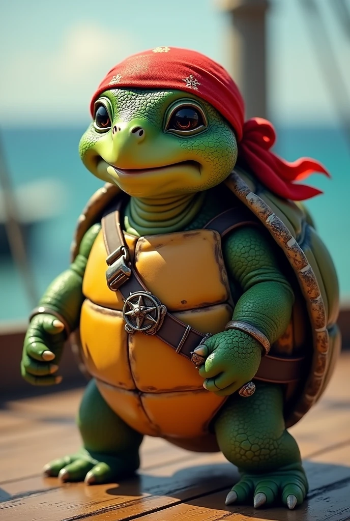 Tortu mignonne et pirate, debout avec un bandeau rouge sur la tête