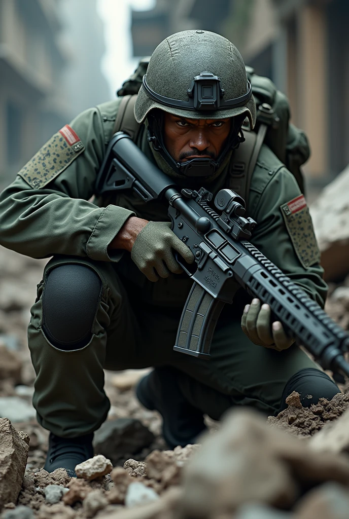 I want an image of close up
soldier holding riffle crouched under debris