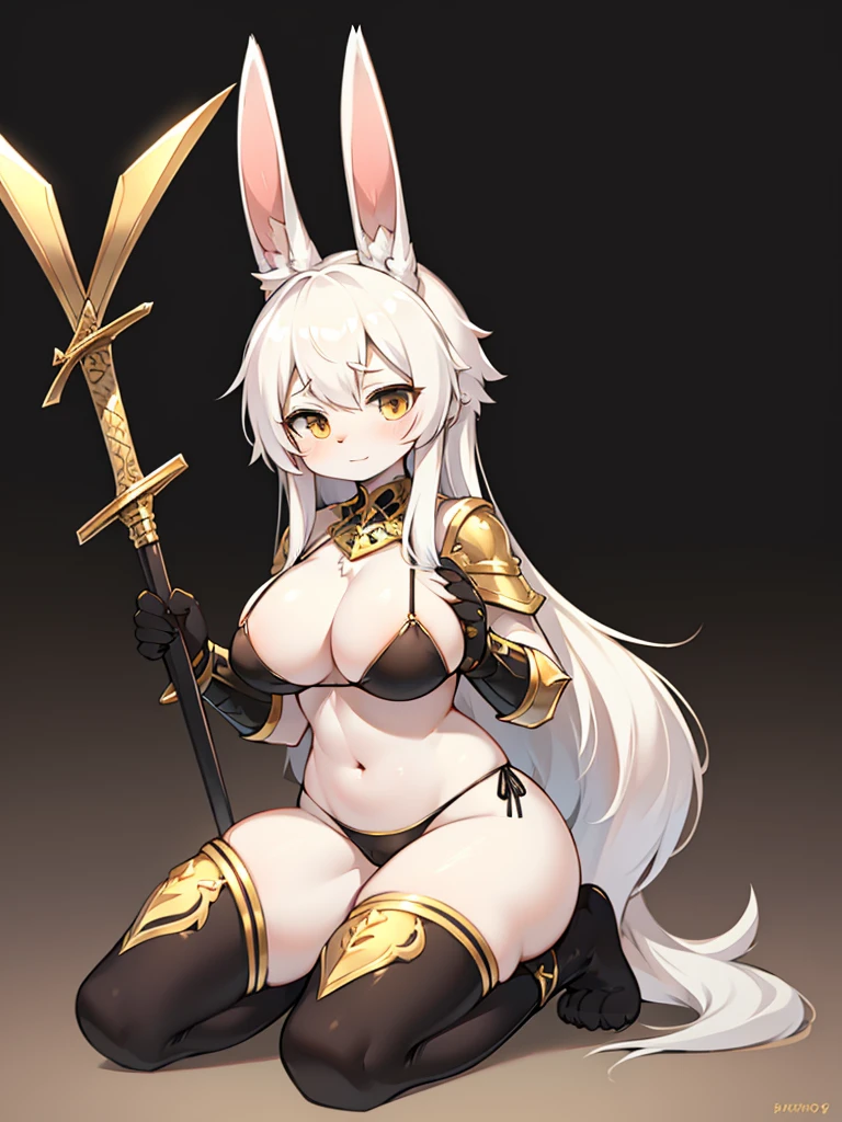 Busty female bunny,Fluffy white hair. Wearing a simple and stylish black and gold bikini armor. . Holding a short sword,Kneeling and squatting,Full body portrait,