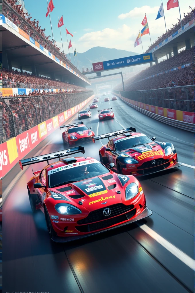 Imagine a high-octane car race unfolding on a sleek, modern track. The scene is filled with the roar of powerful engines and the blur of speeding cars as they navigate sharp turns and straightaways. The track is lined with bright billboards and enthusiastic spectators waving flags. The air is charged with excitement and the smell of burning rubber. Each car, painted in vibrant colors and adorned with sponsor logos, competes fiercely for the lead, creating a thrilling spectacle of speed and precision.