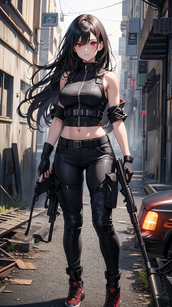 4K resolution,((Highest quality)),Ultra-high resolution,Adult women, alone, sexy, (Grim face), (Light red eyes), Beautiful and symmetrical face, (Black long hair),Combat Vest,cargo pants,Realistic:1.4,Realistic:1.4,(masterpiece:1.2),Perfect Eyes,Perfect Eyes,Ample breasts,Muscular and toned body,Perfect Legs,Abandoned warehouse,Holding a gun