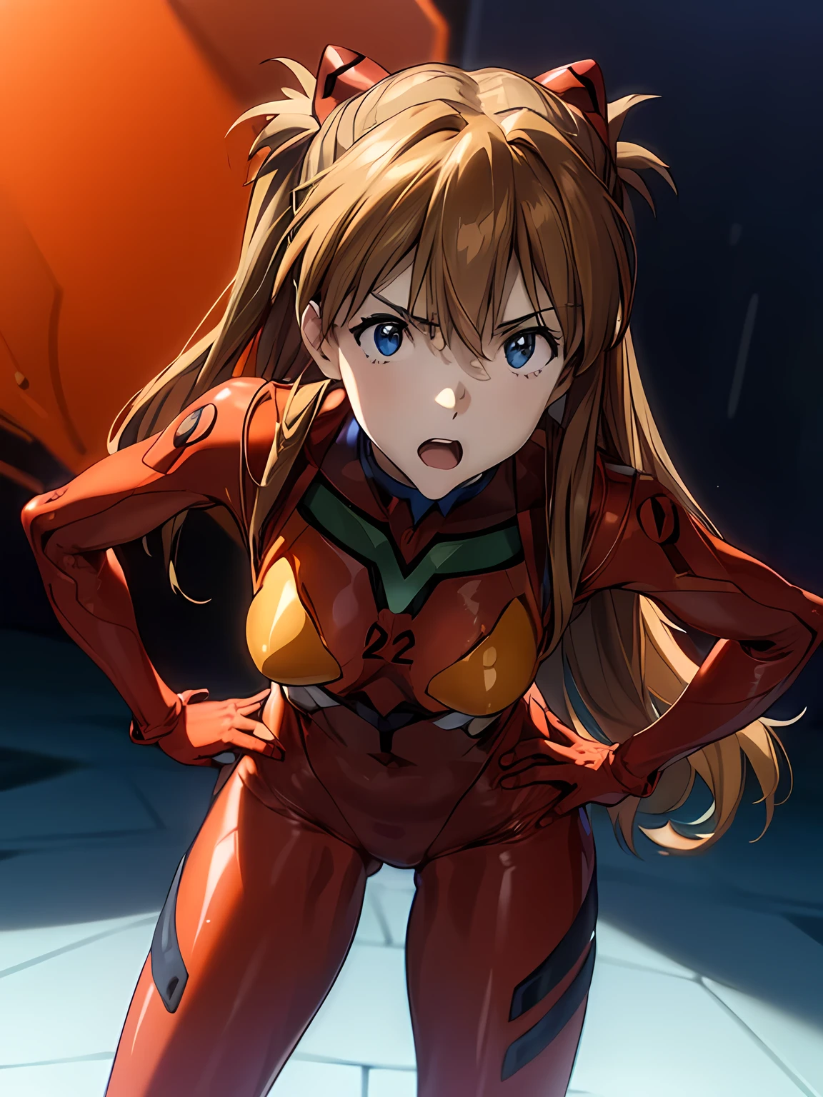 ultra-detailed, illustration, super cute, Beautiful Face, Beautiful body, ((souryuu asuka langley, interface headset, red bodysuit:1.4, Orange-brown hair)), glowing eyes, Sparkling Eyes, (beautiful and detailed eyes:1.1), whole body, (((Raise left index finger to attention:1.4, Place the other hand on your hip, Attention gesture))), (Mouth open in a preachy tone:1.25), (Leaning forward), The background is NERV Headquarters, [[delicate fingers and hands:0.55]::0.85],(Correct number of fingers, detail fingers), (Toon Shader Rendering), photo with an 85mm camera, ((masterpiece, best quality, high resolution))