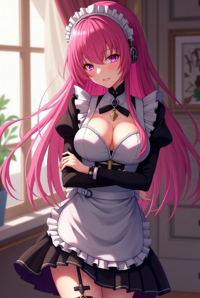 ((Best Quality)), ((masterpiece)), ((detailed)), ((High Definition)). A robot woman in anime style, with pink hair and heterochromatic eyes. She is pretty, attractive and sexy. Dressed as a revealing maid. Pose as a maid.