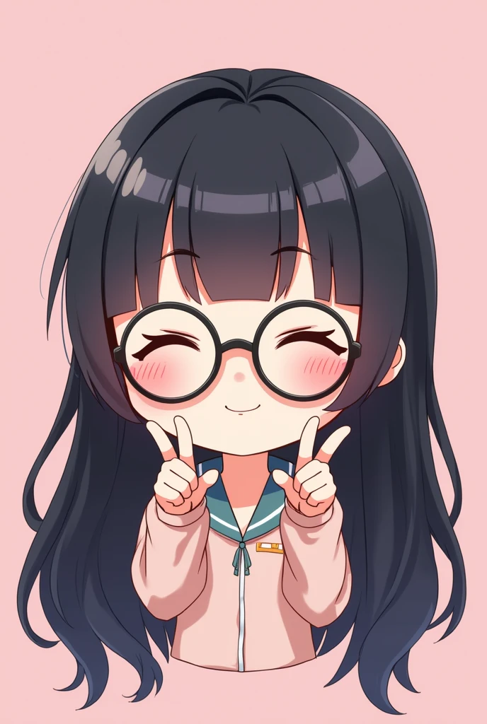 a cute female chibi character, in chibi style, long black hair with bangs, with round black glasses, Caucasian skin, making a V with your hands and smiling cutely, with eyes closed, just the character's face on a pastel pink background