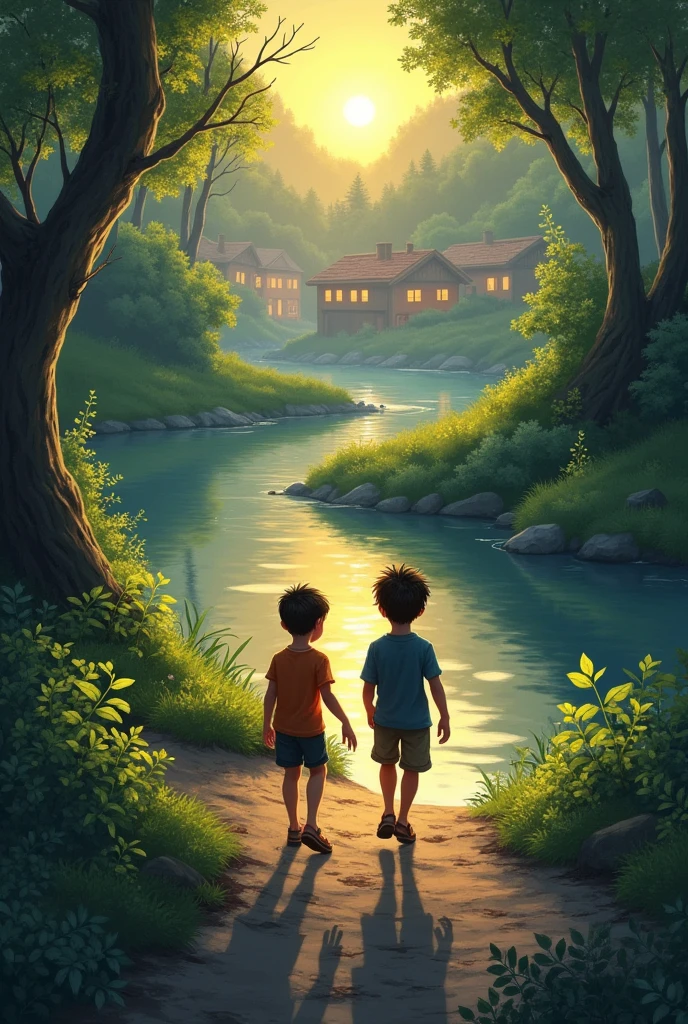 The boys walk alongside the river as it leads them back to their village. In the distance, the lights of home are visible, bringing a sense of warmth and safety after their long journey.