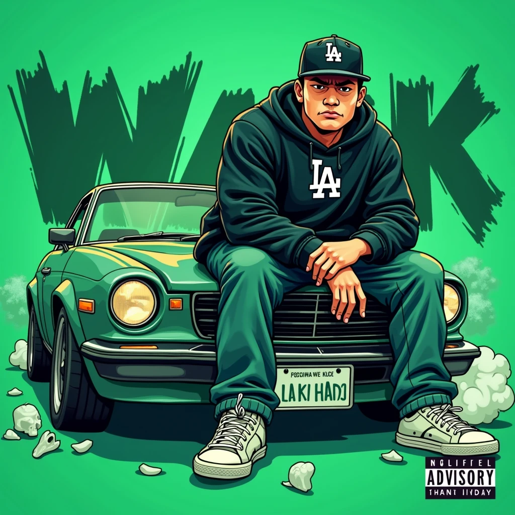 Image of a man sitting on the bonnet of a car, Yoshihiko Wada&#39;s album cover, winner of the behance contest, Doodle, official artwork, rap album cover, hip - hop album art cover, colored album art, hip hop music album cover, rap album cover art, official fanart, GTA Cover, hip hop album cover, album art cover, Cartoon character, Disgruntled Asian Boy, Running car, Green background, green tea, Deep pressed black LA ball cap, white nike shoes, Black LA Hoodie, Baggy jeans worn down, black neighborhood, Skull, drug, The city seen from behind, GANGSTER letters, korean, white smoke, Headlight light, Troublemakers, Bad boy